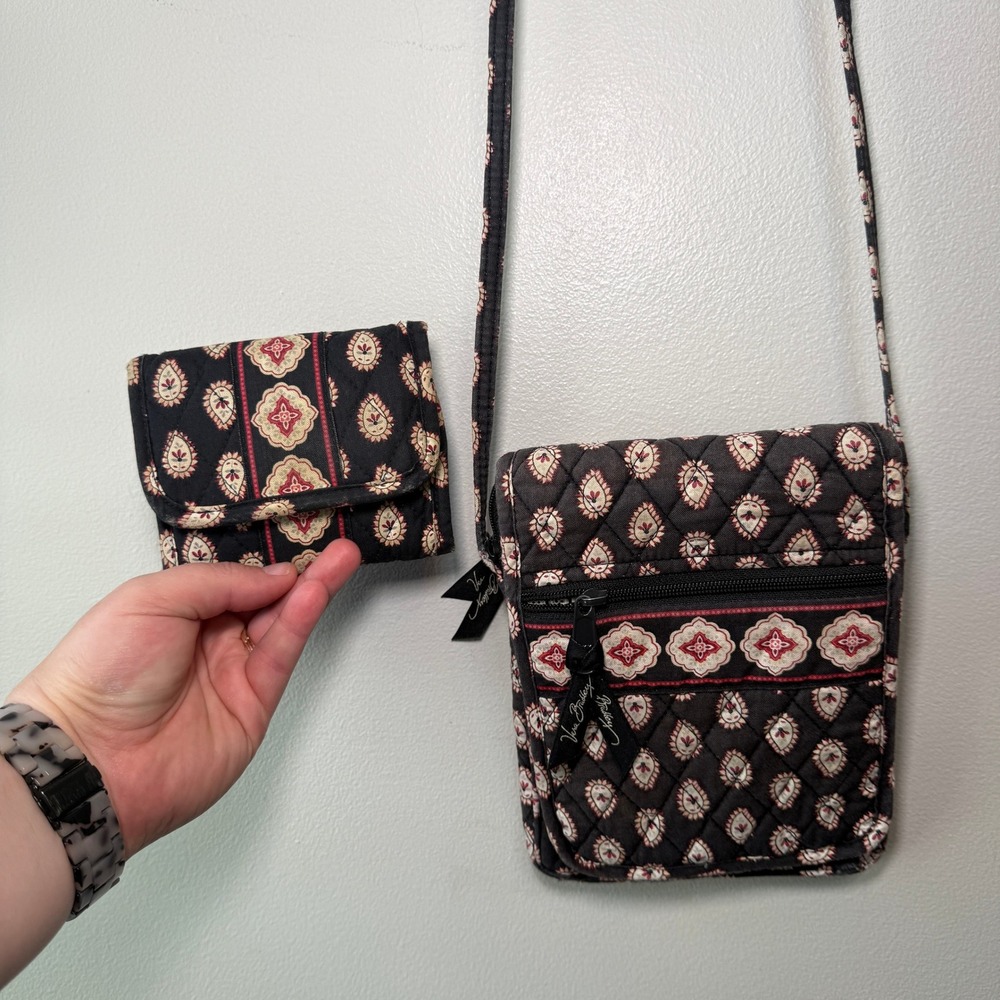 Vera Bradley Classic Black Floral Paisley Quilted Crossbody Bag Purse Wallet Set